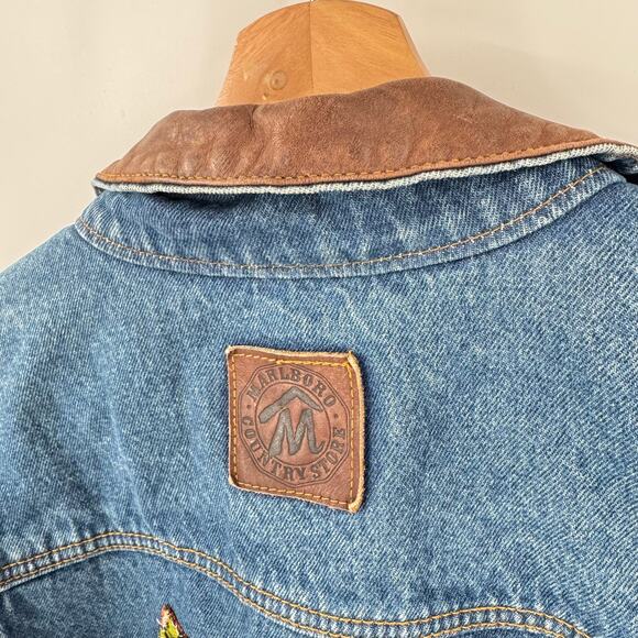 Vintage Marlboro Country Store Denim Jacket L Leather Collar Upcycled Embroidery - Picture 8 of 13